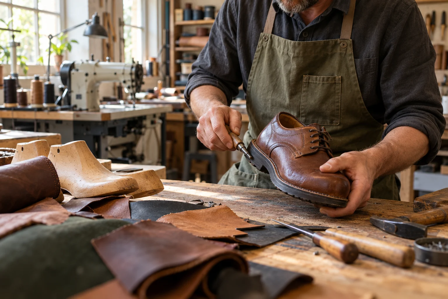 Illustrative Werkstattszene: Hände formen einen braunen Lederschuh